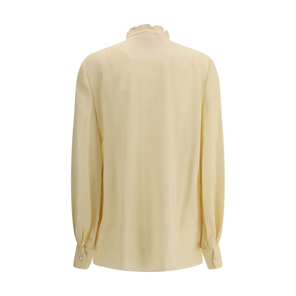 Valentino silk shirt back view with mandarin collar and pearl button cuffs, showing elegant and sophisticated design.