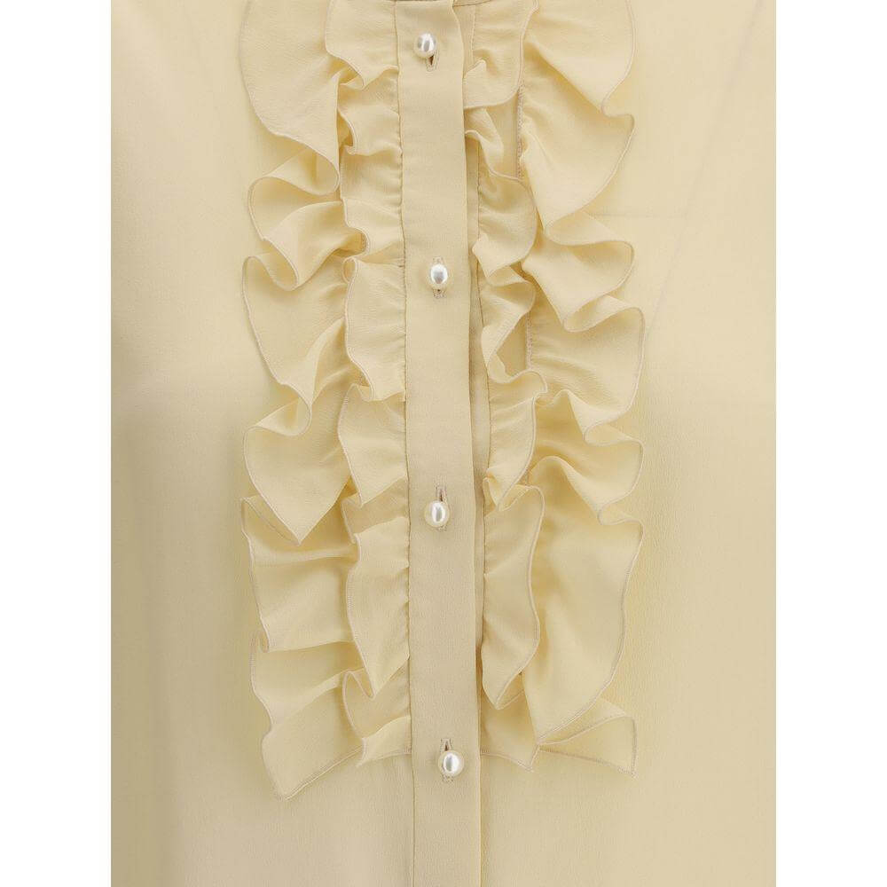 Valentino silk shirt with mandarin collar, pearl button closure, and elegant applique drape details for sophisticated elegance.