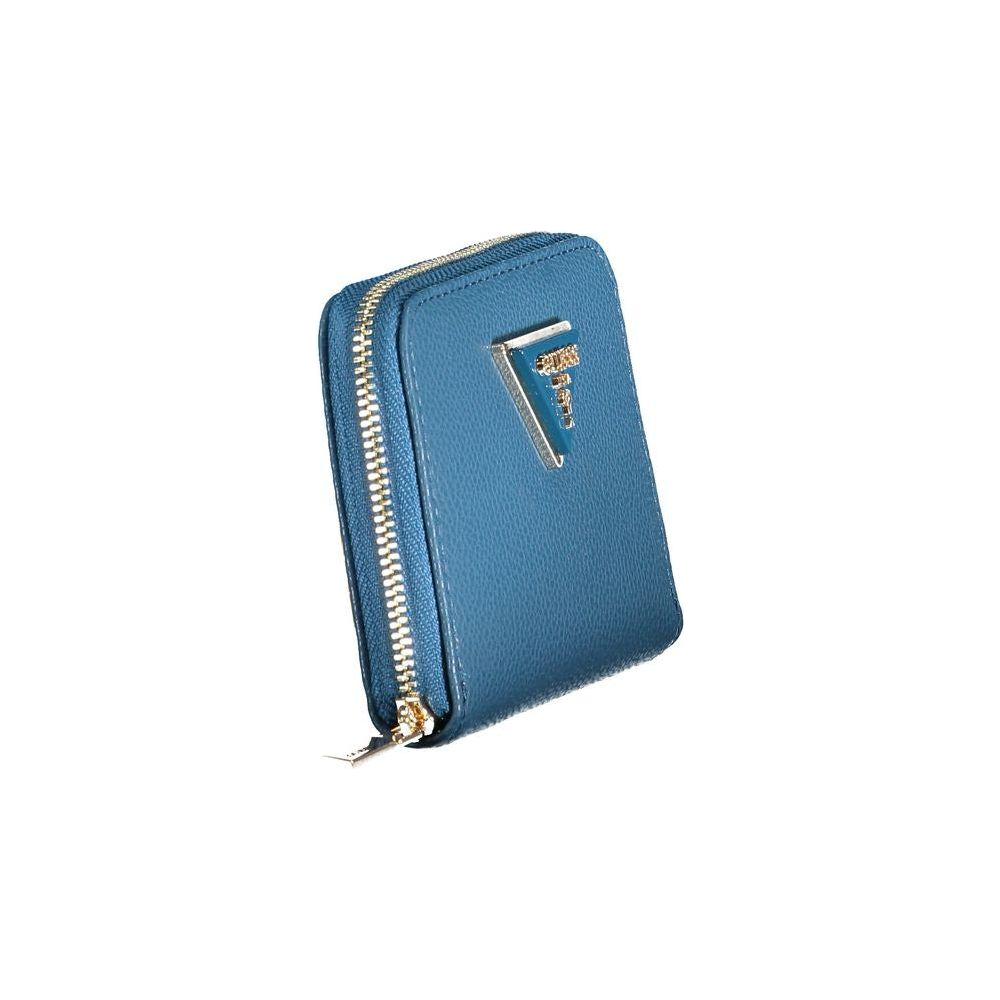 Blue Guess Jeans polyethylene wallet with zip closure and logo, featuring a coin purse and card spaces.