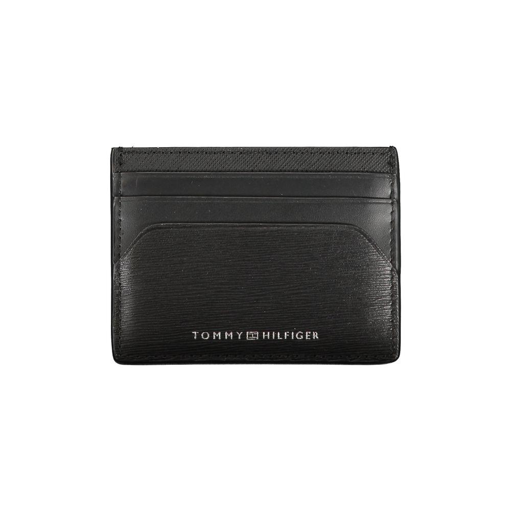 Tommy Hilfiger black leather wallet with card holder, central pocket, and logo print