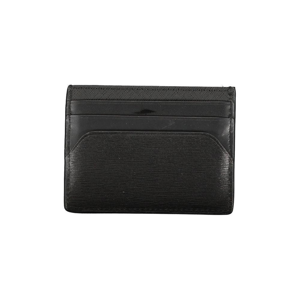 Tommy Hilfiger black leather wallet with card holder and central pocket, featuring logo print.