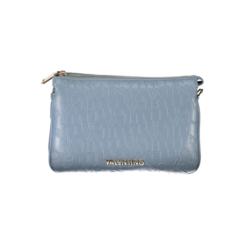 Valentino light blue polyethylene handbag with zipper and logo, featuring a double removable shoulder strap and modern elegance.