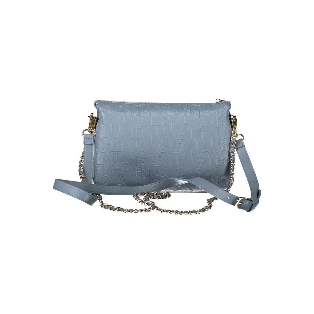 Valentino light blue polyethylene handbag with double removable shoulder strap and zip closure, featuring modern design and multiple compartments.