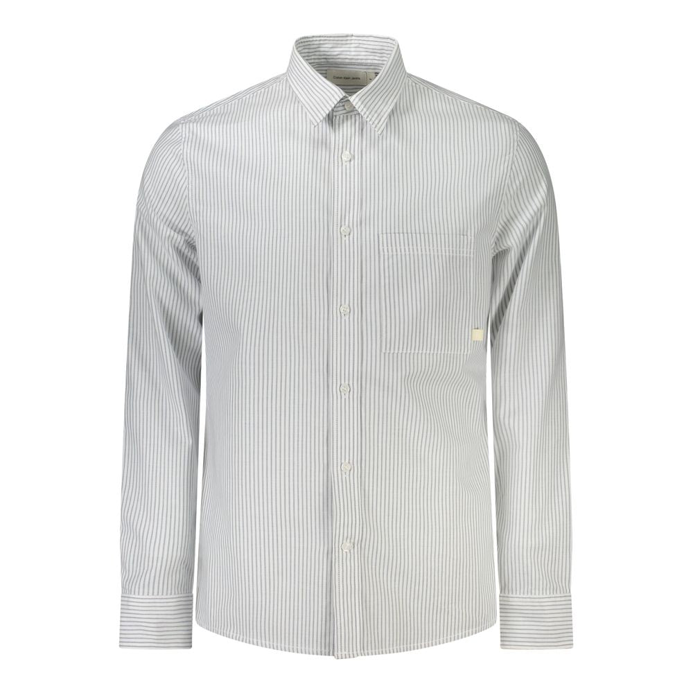Calvin Klein Men's White Cotton Striped Shirt with Italian Collar and 1-Button Cuffs, Perfect for a Modern, Sophisticated Look