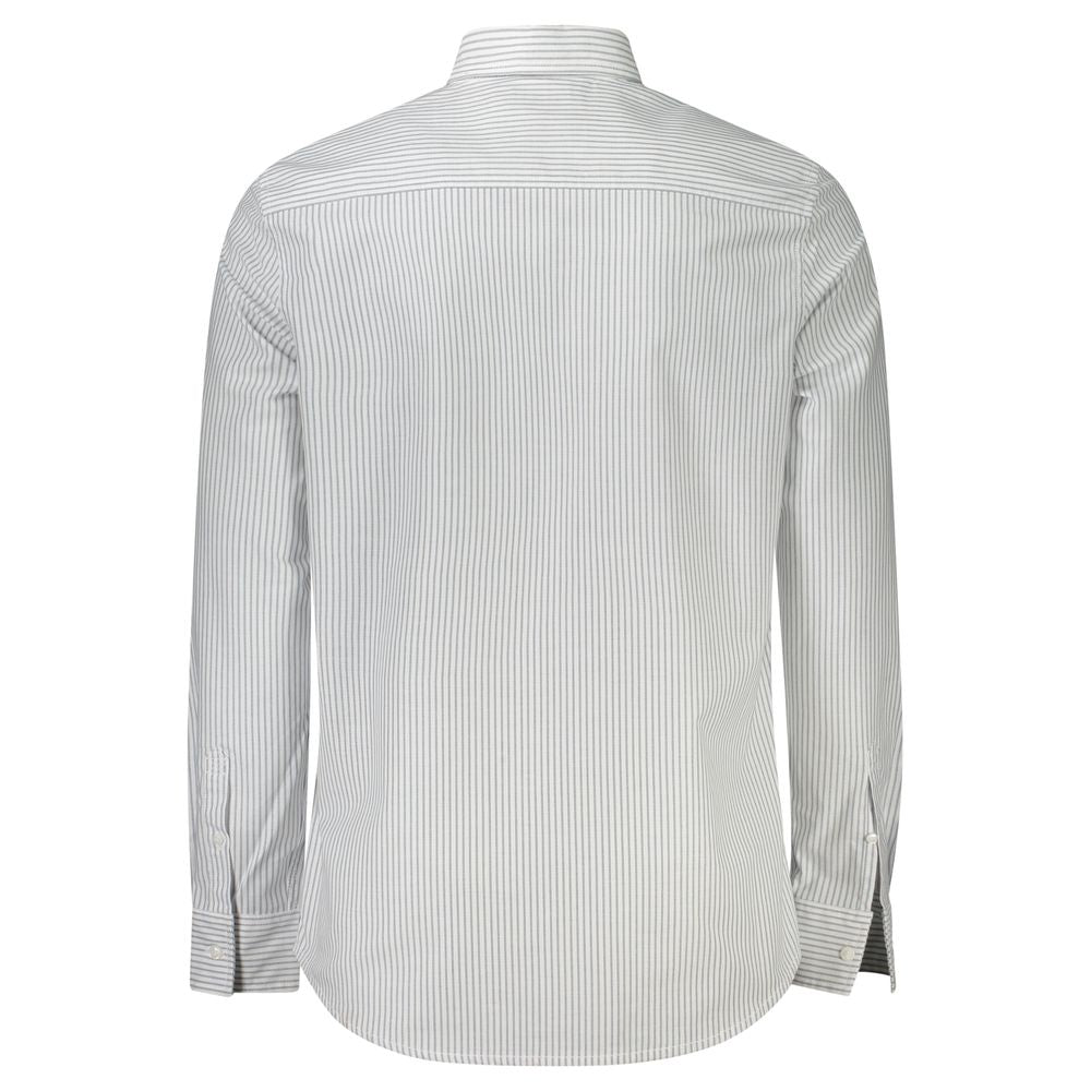 Calvin Klein white cotton men's shirt, back view with Italian collar and striped long sleeves, showcasing modern style and comfort.