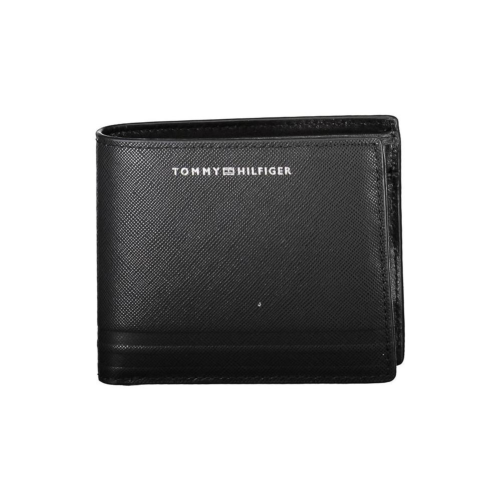 Alt Tag: Tommy Hilfiger black leather men’s wallet with logo, featuring spacious compartments and card slots for everyday essentials.