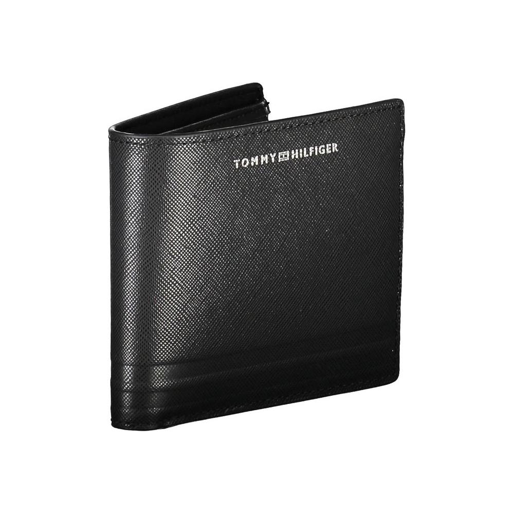 Tommy Hilfiger black leather men's wallet with logo, spacious compartments, coin purse, and card slots for stylish organization.