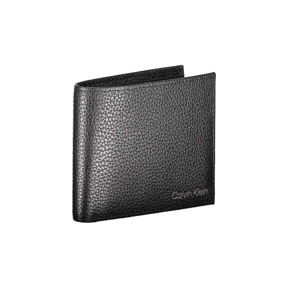 Calvin Klein black leather men's wallet with RFID-blocking, embossed logo, and sleek design on white background.
