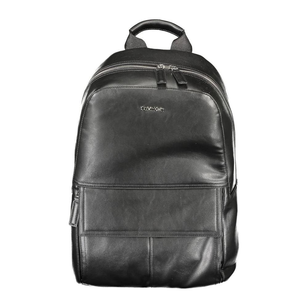 Calvin Klein black polyester men's backpack with sleek design, adjustable straps, and multiple compartments, ideal for urban style.