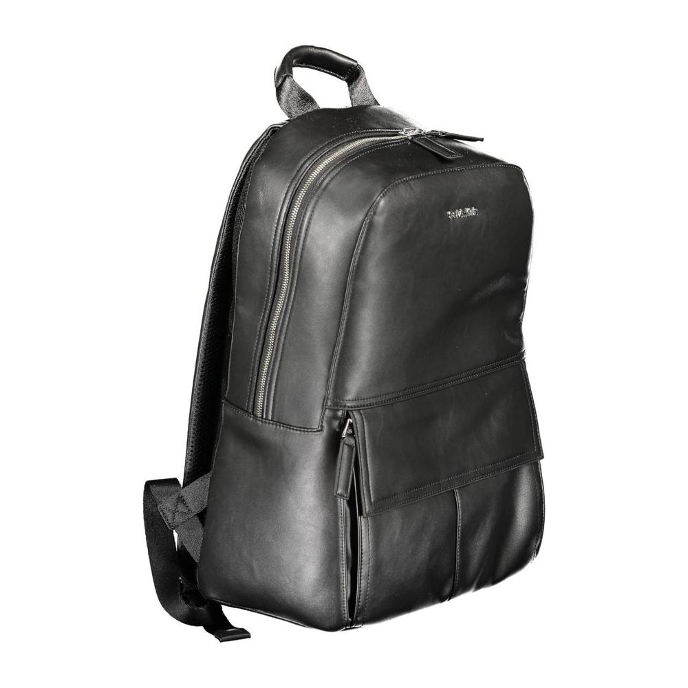 Calvin Klein black polyester men's backpack with sleek design, adjustable straps, multiple compartments, and durable construction.