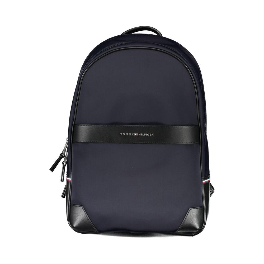 Tommy Hilfiger blue polyethylene men's backpack with laptop compartment and adjustable straps.
