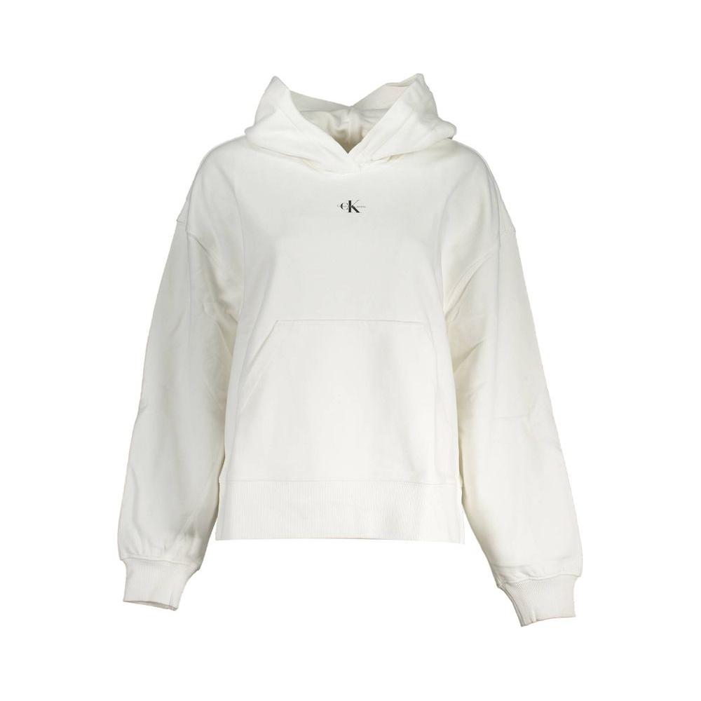 Calvin Klein white hooded women's sweatshirt with front logo and pocket, made from sustainable recycled cotton.