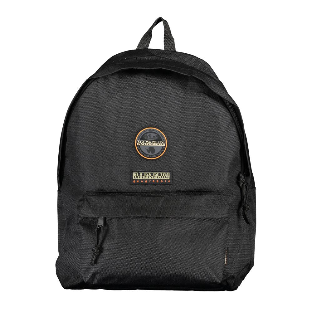 Napapijri black cotton men's backpack with adjustable straps, sturdy handle, zip closure, front pocket, and fashion-forward design.