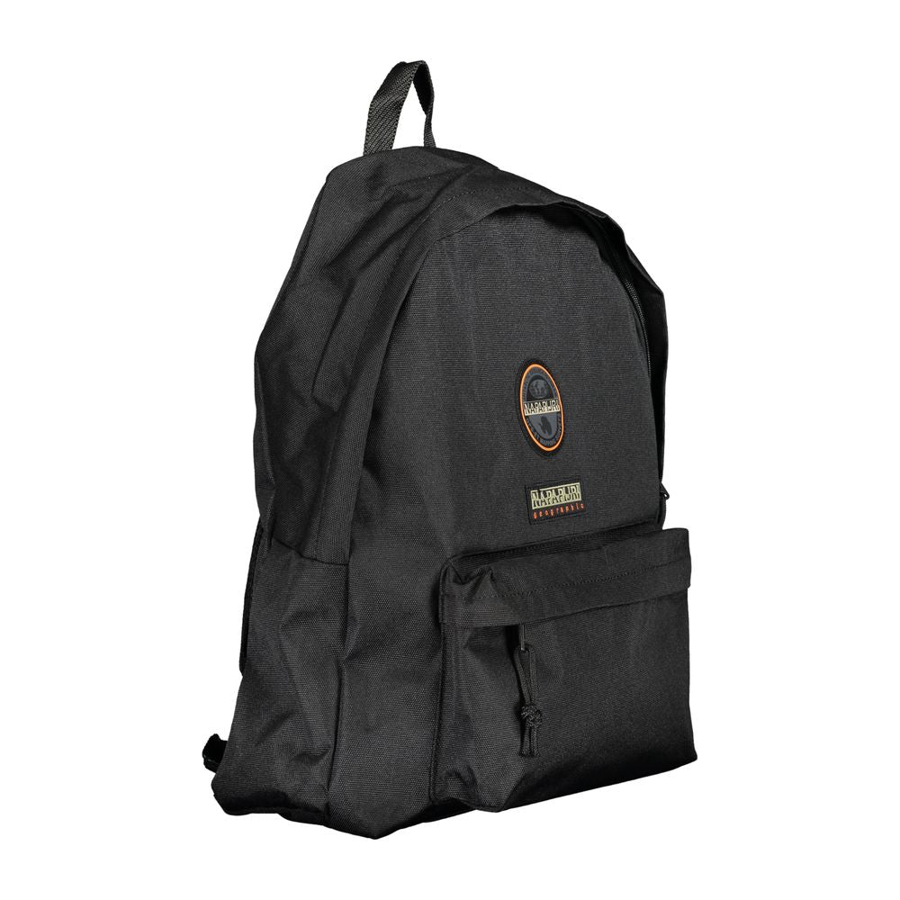 Napapijri black cotton men's backpack with adjustable straps, sturdy handle, and zip closure, featuring a front pocket for convenience.