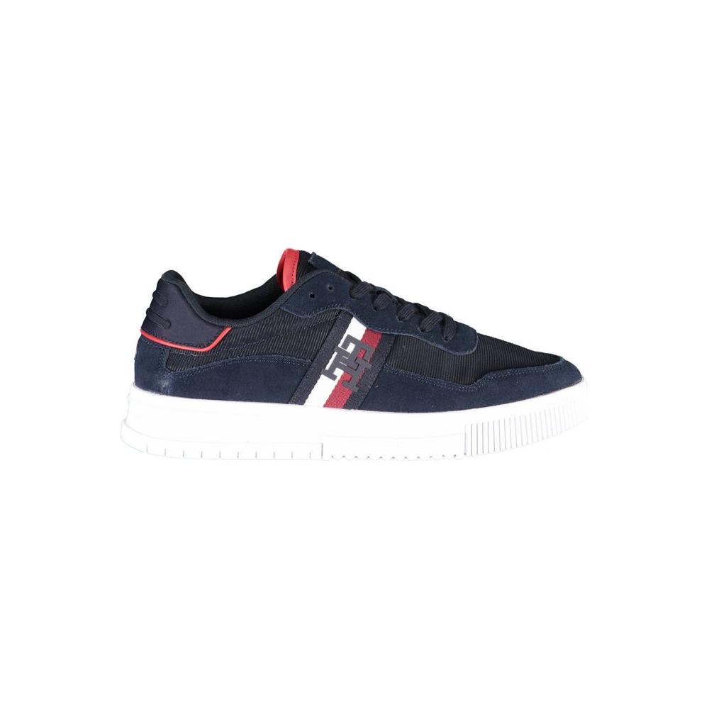 Tommy Hilfiger blue polyester men's sneaker with logo and recycled material, perfect for eco-conscious fashion.