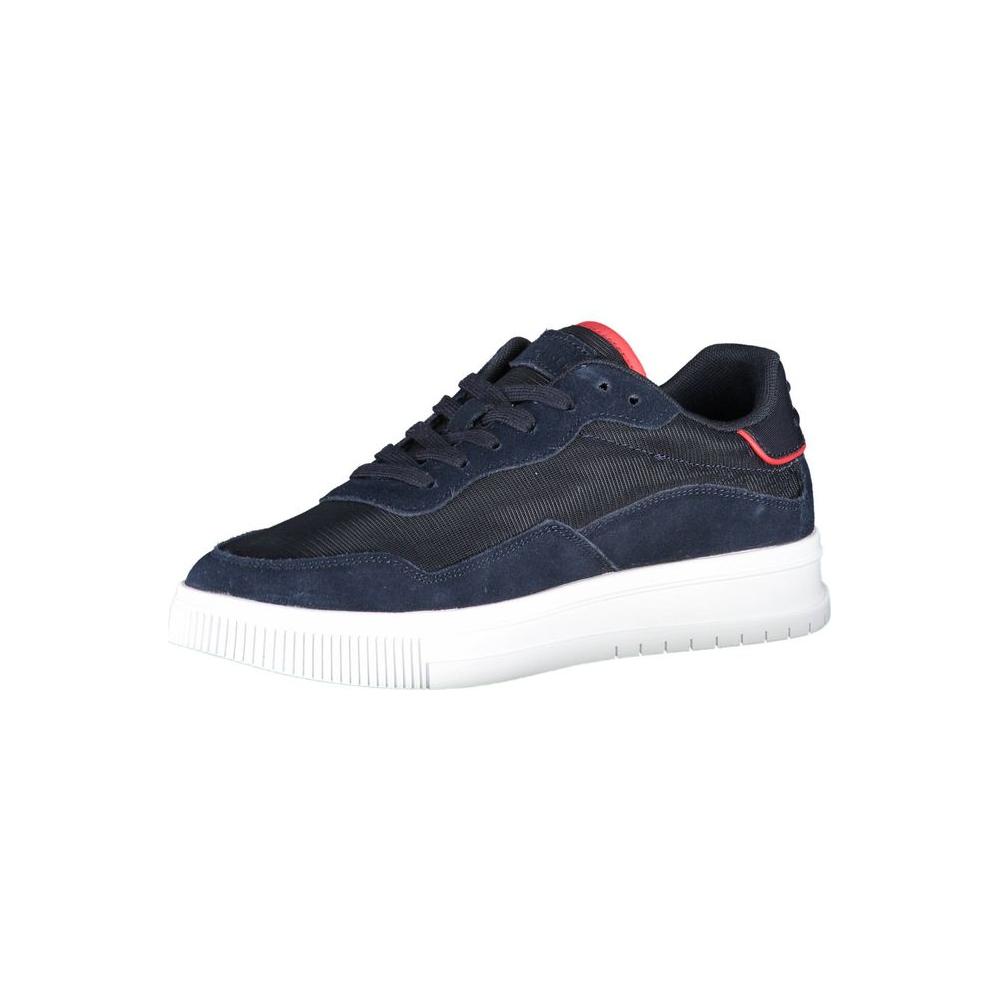 Tommy Hilfiger blue polyester men's sneaker with contrast details, eco-friendly recycled materials, lace-up design, and signature logo.