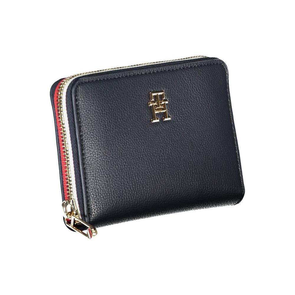 Tommy Hilfiger sleek blue wallet with zip closure, featuring signature logo and eco-friendly design, ideal for organizing essentials.
