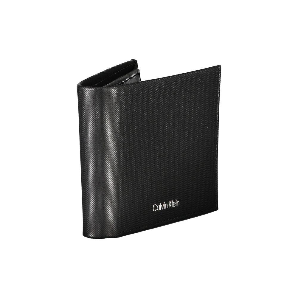 Calvin Klein black leather wallet with RFID blocking, sleek and elegant design, ideal for secure storage and sophistication.