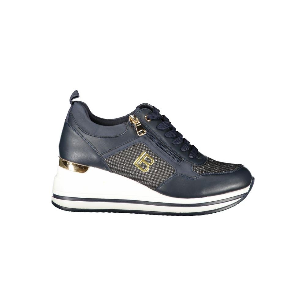 Laura Biagiotti blue polyester women's sneaker with side zip, lace-up front, and 4cm sole, featuring stylish contrasting details.