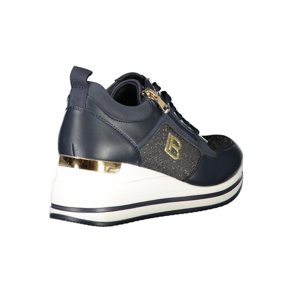 Laura Biagiotti blue sneaker with side zip, contrasting accents, and 4cm sole, featuring removable insole and gold detailing on heel.