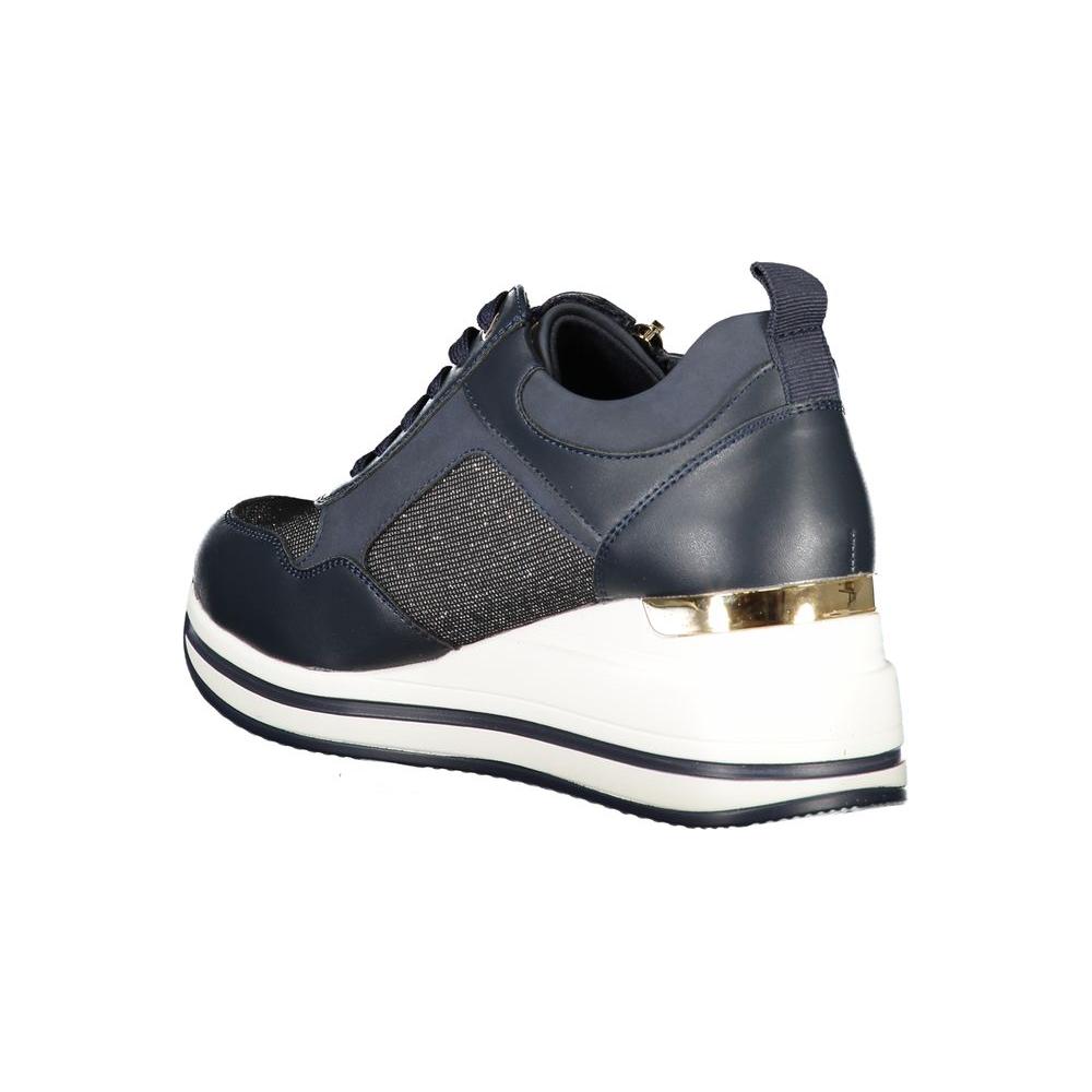 Side view of Laura Biagiotti blue polyester sneaker with lace-up and zipper, contrasting sole detail, and removable insole.