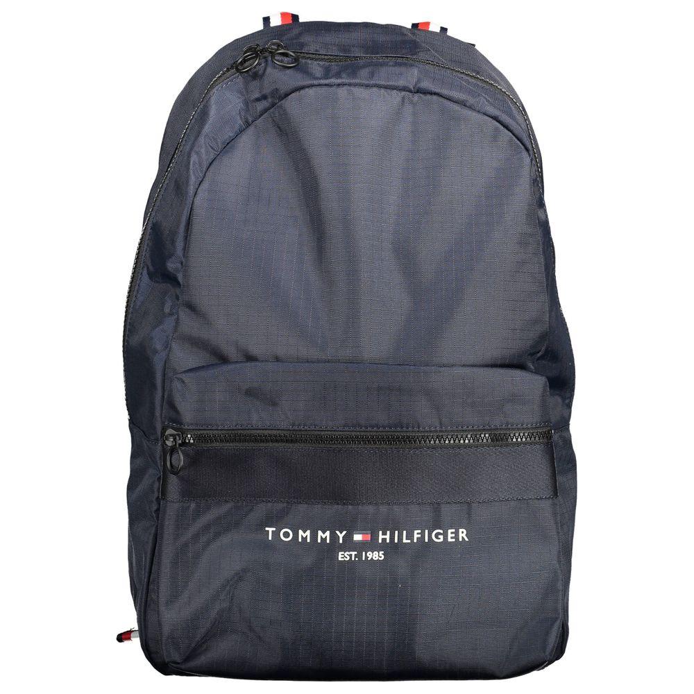 Tommy Hilfiger blue polyester men's backpack with logo, featuring external pocket and adjustable straps.