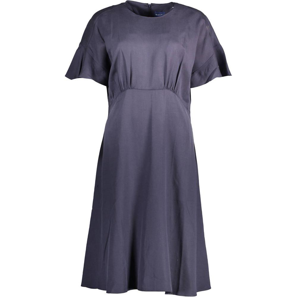 Gant blue Lyocell women’s dress with short sleeves and round neckline, featuring a back zip and iconic logo, showcasing stylish elegance.