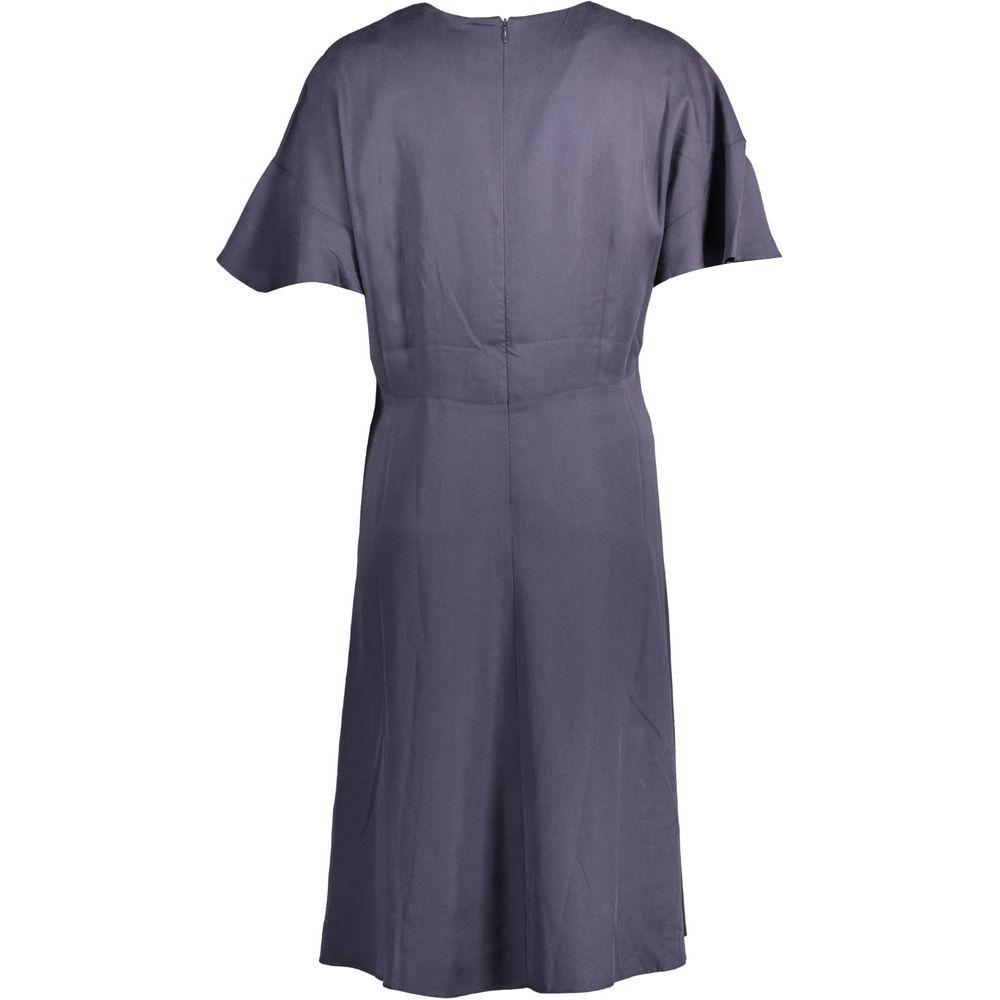 Back view of Gant blue Lyocell women's dress with short sleeves, round neckline, and zip closure, showcasing sustainable fashion elegance.