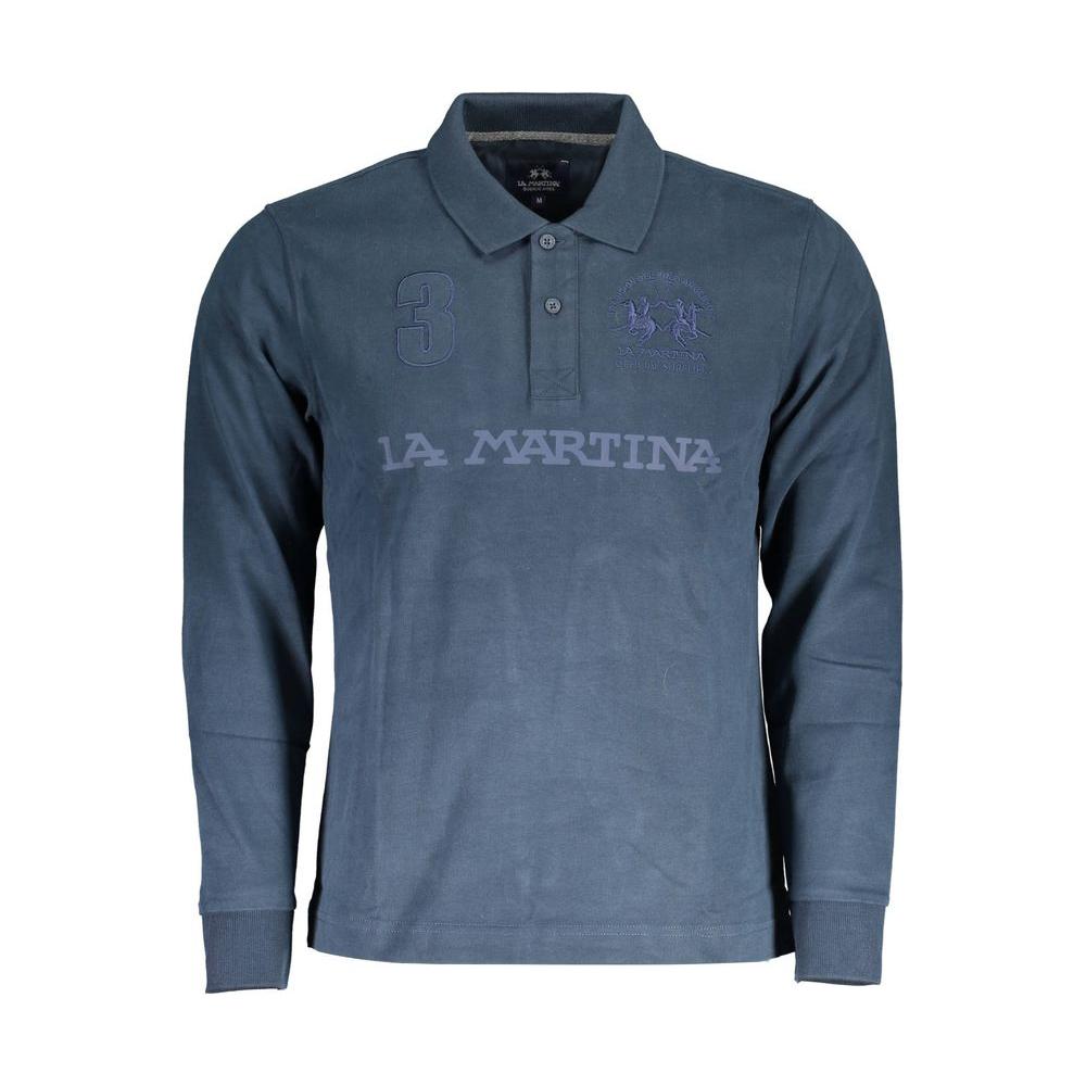 La Martina Blue Cotton Men's Polo Shirt with Embroidery and Logo, Long Sleeve, Elegant Design with 2-button Placket