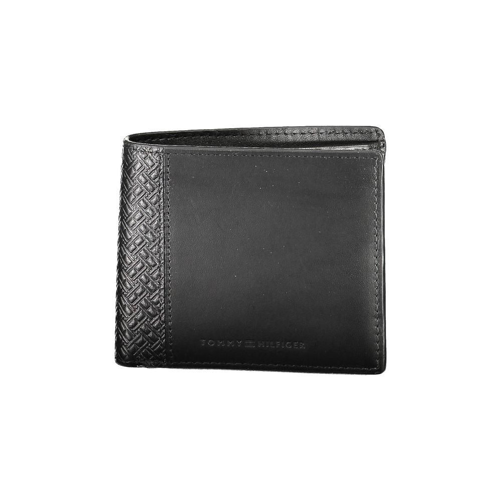 Tommy Hilfiger black leather men's wallet with embossed pattern and logo, featuring multiple compartments for cards and coins.