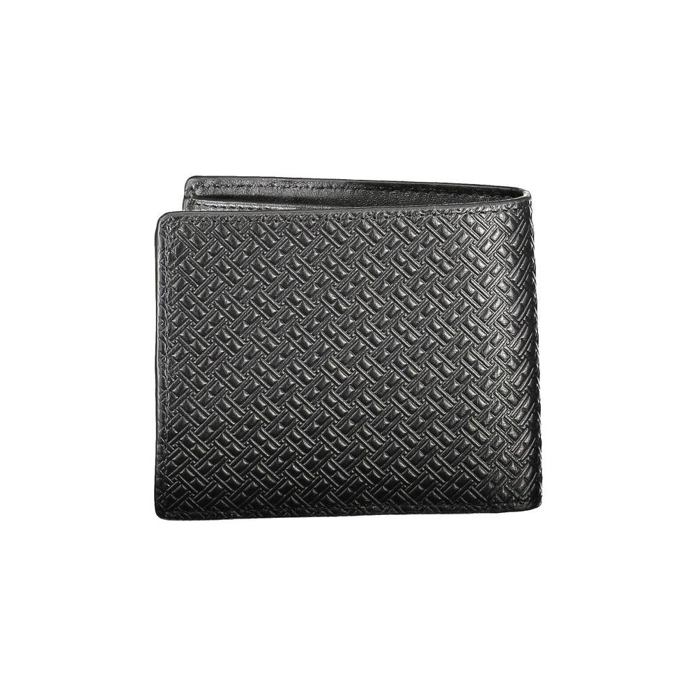 Tommy Hilfiger black leather men's wallet with embossed pattern, featuring multiple compartments and iconic logo design.