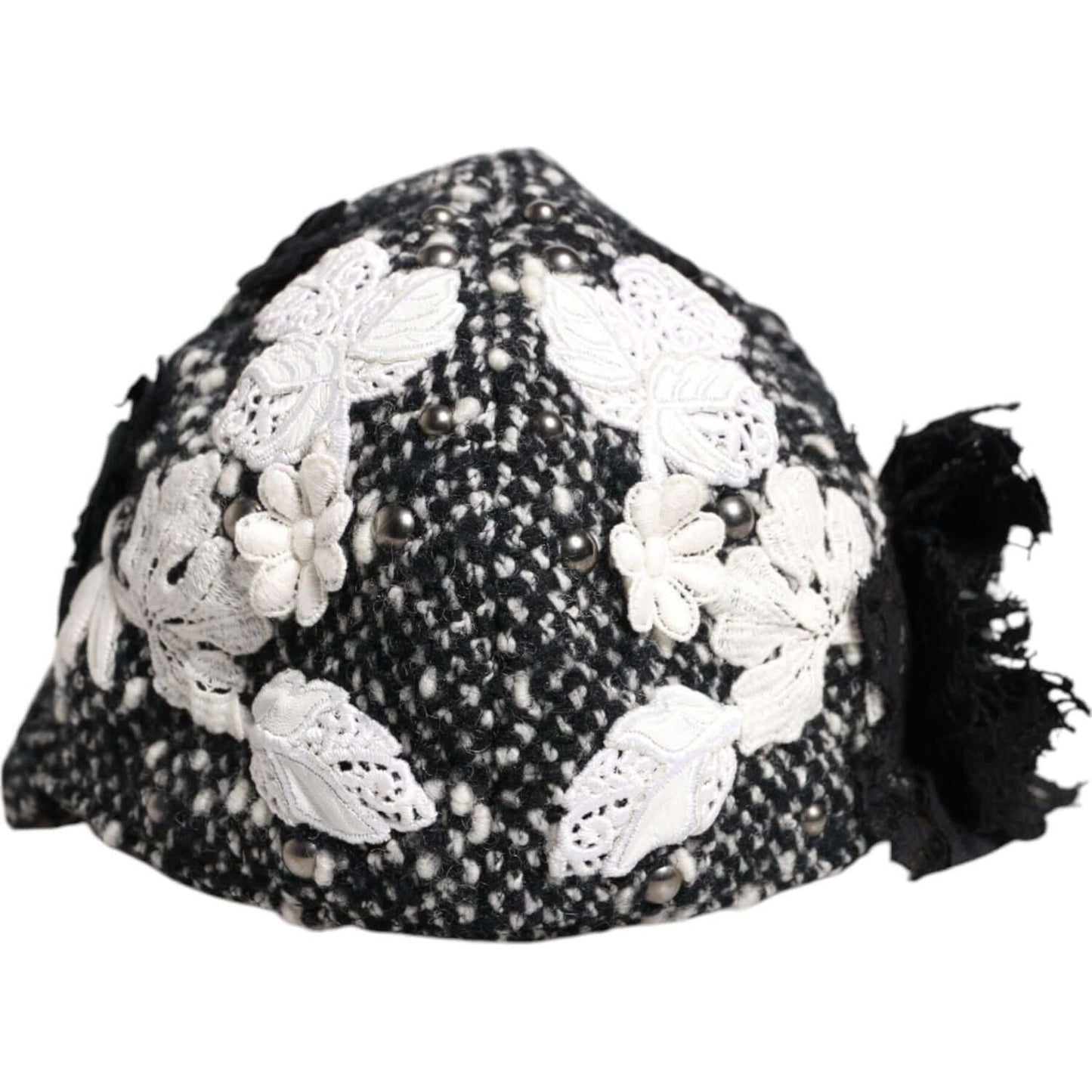Dolce & Gabbana Black Wool White Floral Embellished Cloche Hat Dolce & Gabbana Light Gray