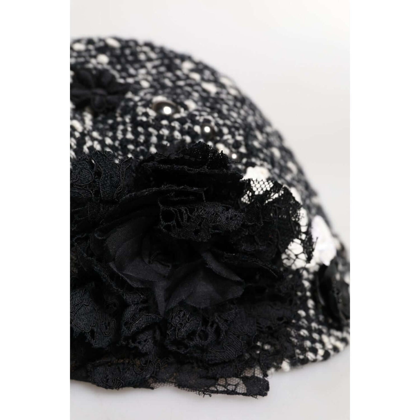 Dolce & Gabbana Black Wool White Floral Embellished Cloche Hat Dolce & Gabbana Black