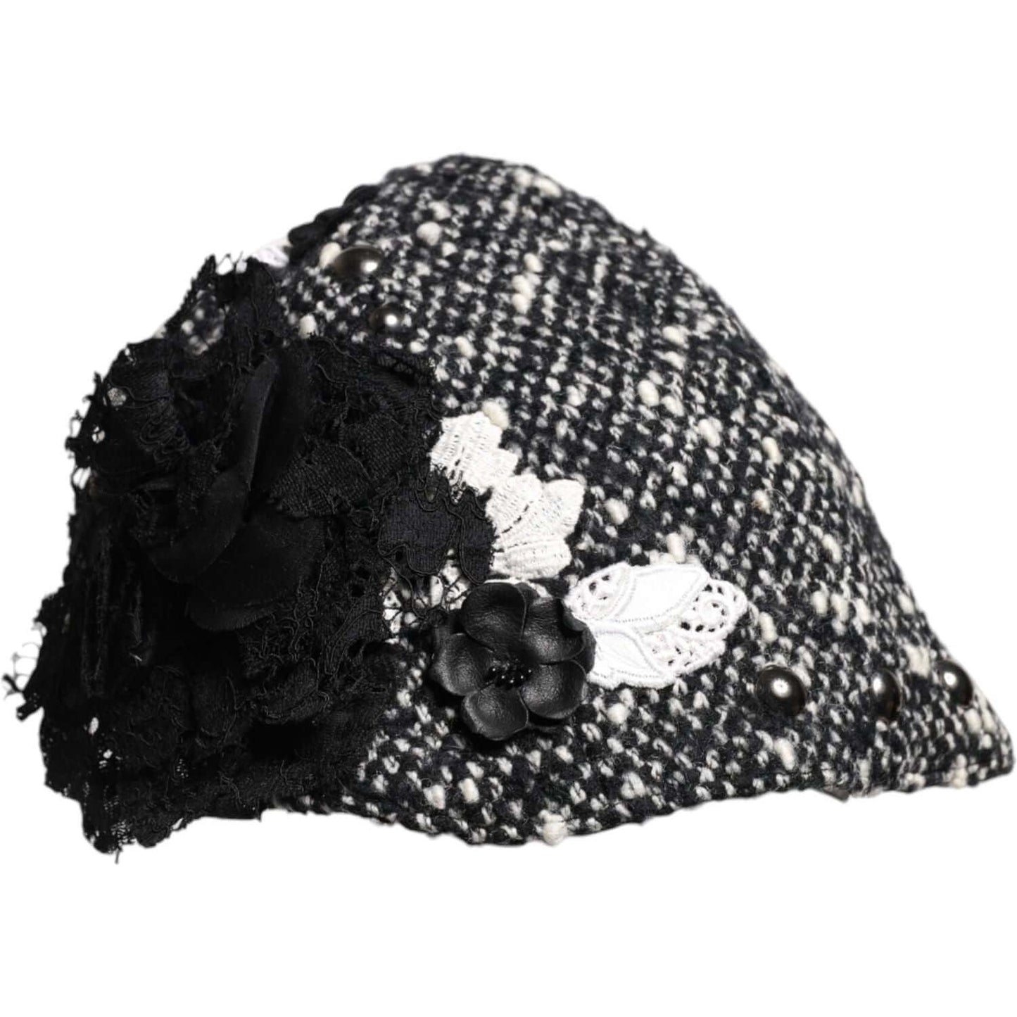 Dolce & Gabbana Black Wool White Floral Embellished Cloche Hat Dolce & Gabbana Black