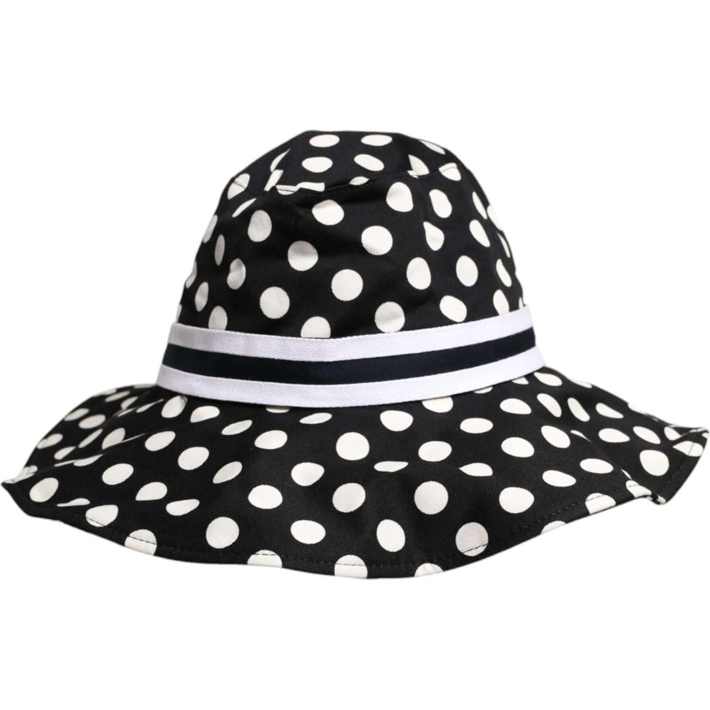 Dolce & Gabbana black and white polka dot wide brim bucket hat, made of cotton and silk, featuring brand logo, elegant fashion accessory.