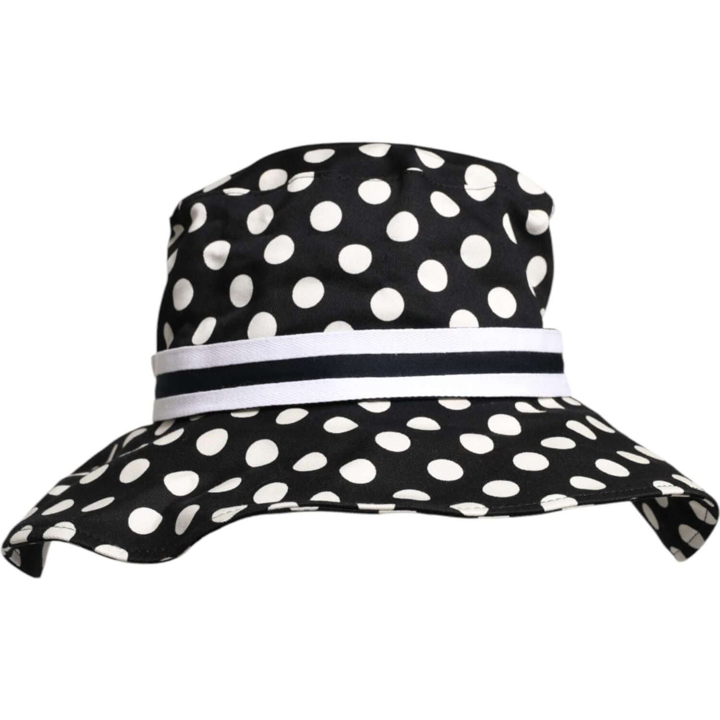 Dolce & Gabbana black and white polka dot wide brim bucket hat with silk lining, made of cotton and elastane, elegant Italian design.