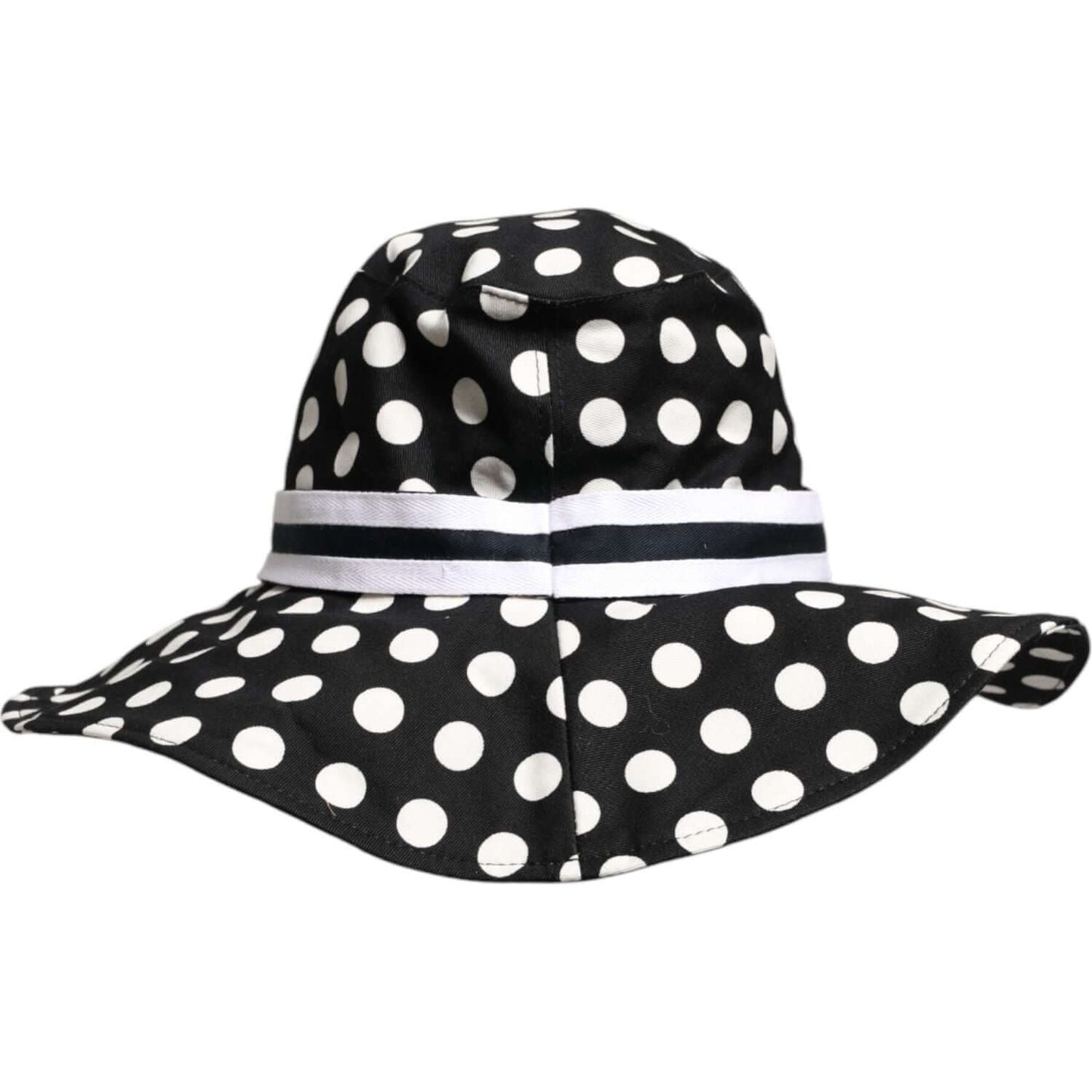 Dolce & Gabbana black and white polka dot wide brim bucket hat, 98% cotton, 2% elastane, silk lining, made in Italy.