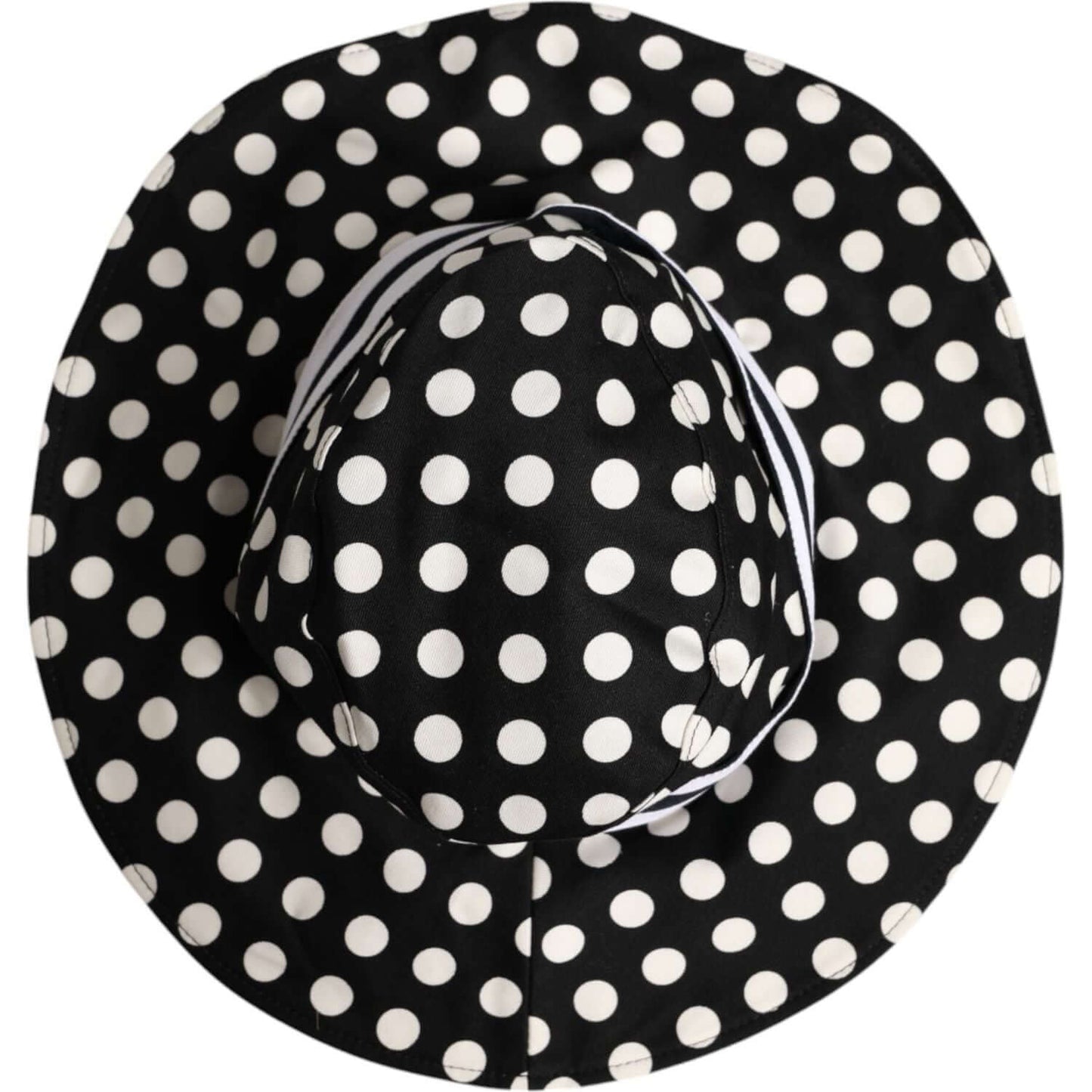 Dolce & Gabbana black and white polka dot wide brim bucket hat made from cotton and elastane with silk lining.