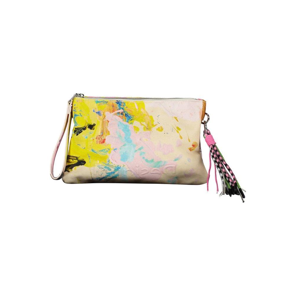 Desigual white cotton women handbag with colorful abstract print and pink tassel, featuring an adjustable, removable shoulder strap.