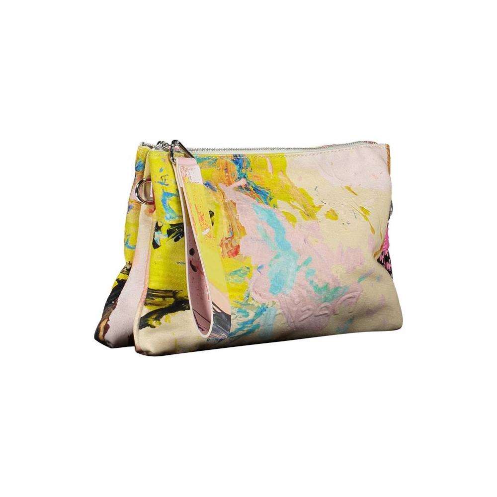 Desigual white cotton women's handbag with colorful abstract design, adjustable shoulder strap, dual compartments, and zip closure.