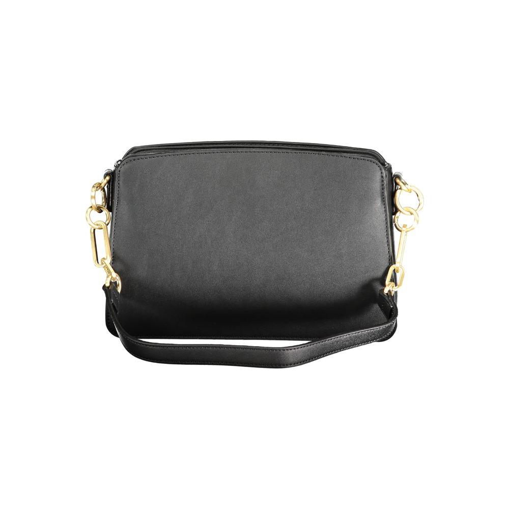 Valentino Bags black polyethylene handbag with removable shoulder handle, adjustable strap, three compartments, and gold accents.