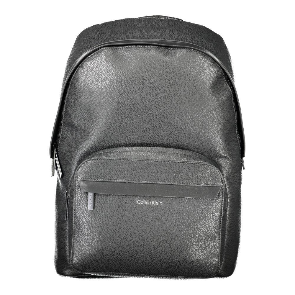 Calvin Klein black polyester men's backpack with sleek design, adjustable straps, and exterior pocket for modern trailblazers.