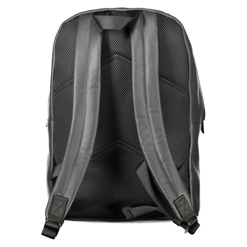 Calvin Klein black polyester men's backpack with padded adjustable straps, back view for comfort and style.
