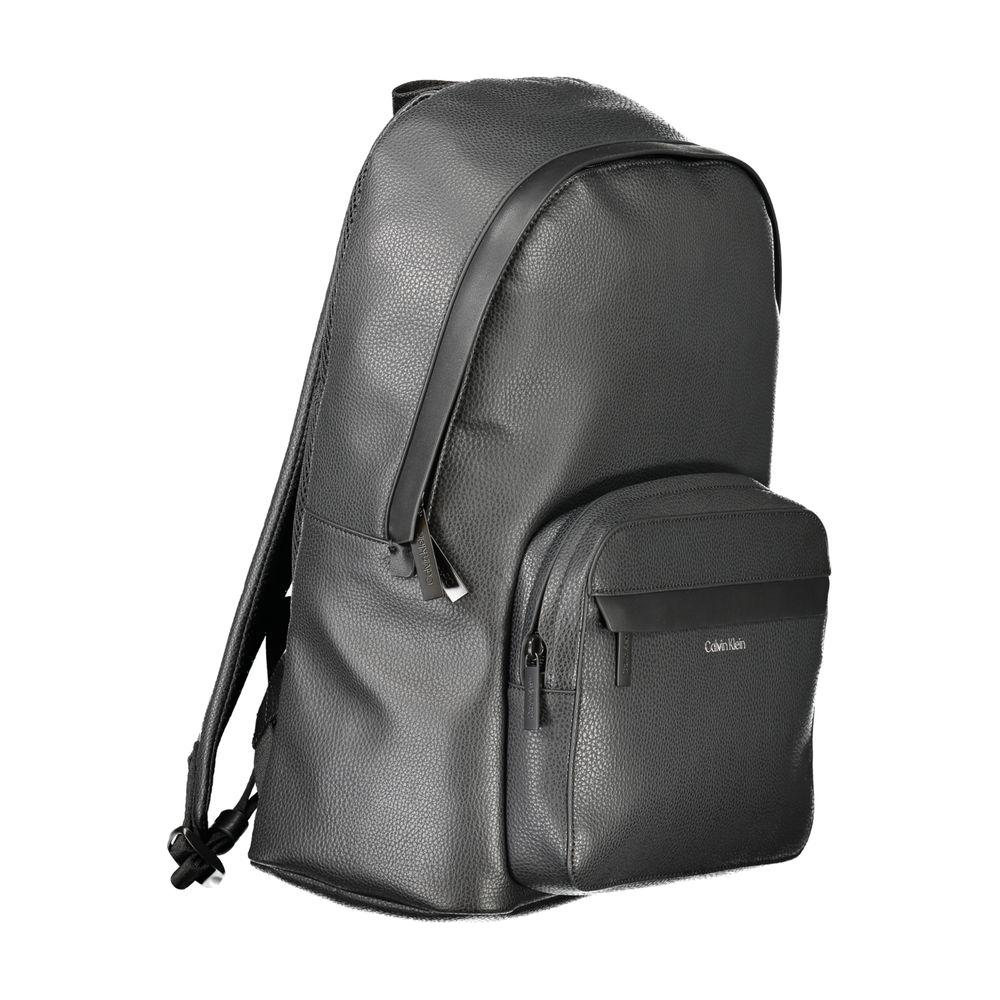 Calvin Klein black polyester men's backpack with front pocket and adjustable shoulder straps, showcasing minimalist luxury.