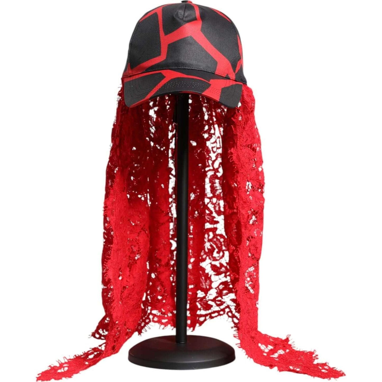 Dolce & Gabbana Red Black Lace Tulle Cotton Baseball Cap Dolce & Gabbana Firebrick