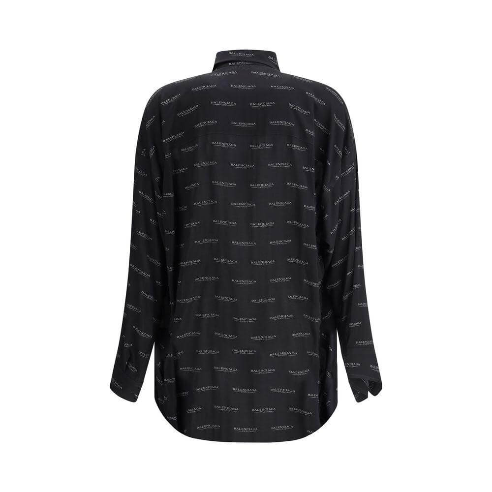 Back view of Balenciaga logoed shirt with monogram design, featuring a classic collar, button cuffs, and an oversized fit for urban style.