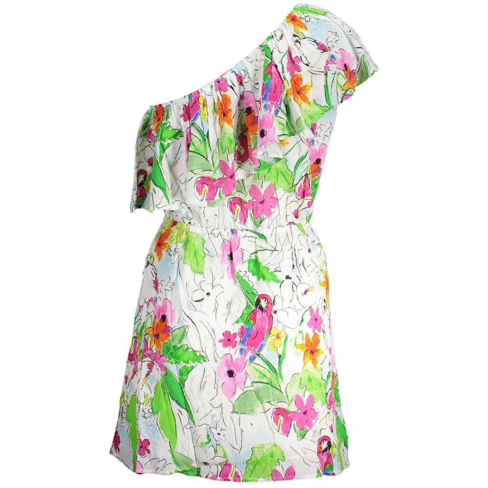 Desigual white one-shoulder dress with floral print, crafted from 100% viscose, featuring an elastic waist for a flattering fit.