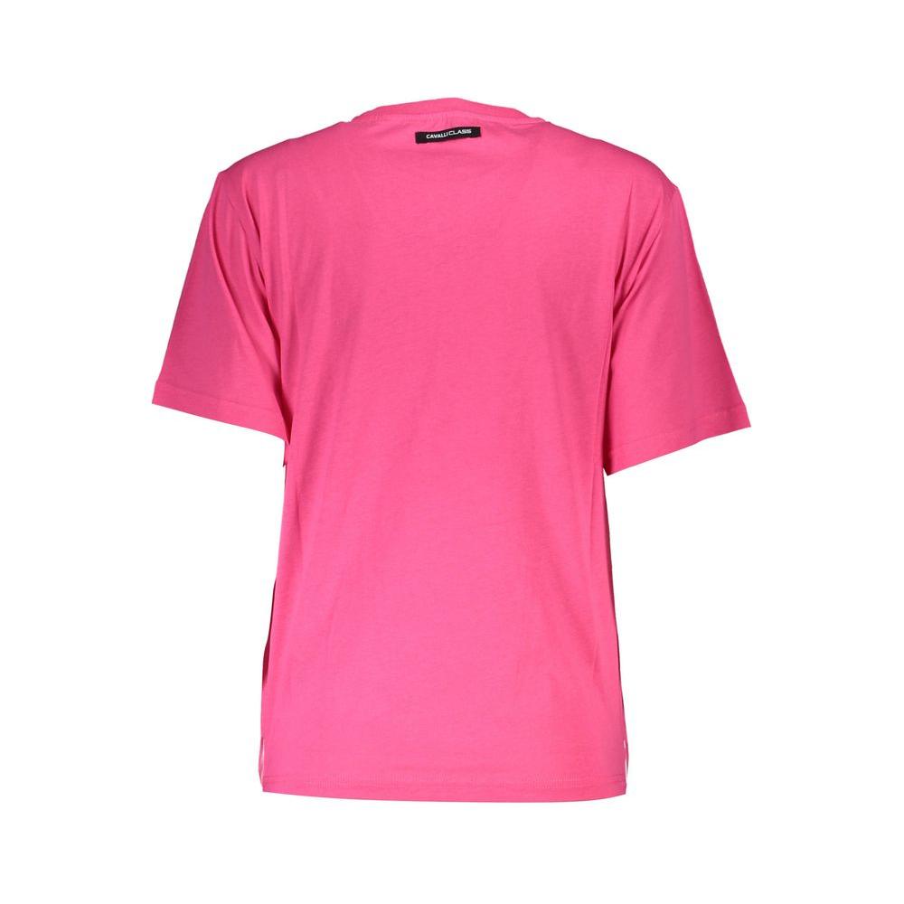Back view of Cavalli Class pink cotton women's t-shirt with short sleeves and logo label on neck.