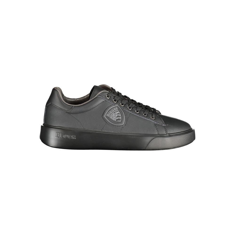Blauer black polyester sneaker with laces, contrasting details, print logo, side view