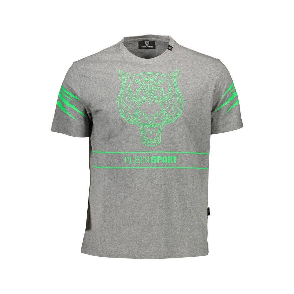 Plein Sport gray cotton men's t-shirt with green tiger graphic and logo, featuring short sleeves and crew neck.